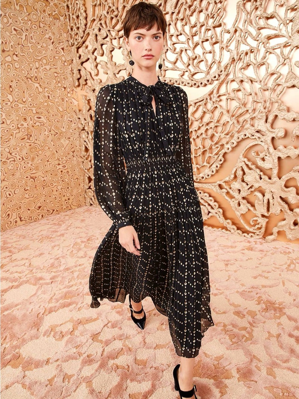 Ulla Johnson- Black Gold Polka Dot Long-Sleeve Midi Dress